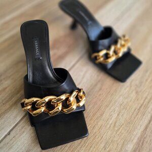 VERSACE Black Mules Big Bold Gold Vermeil Chain Mule Sandals. Eur. 36.5